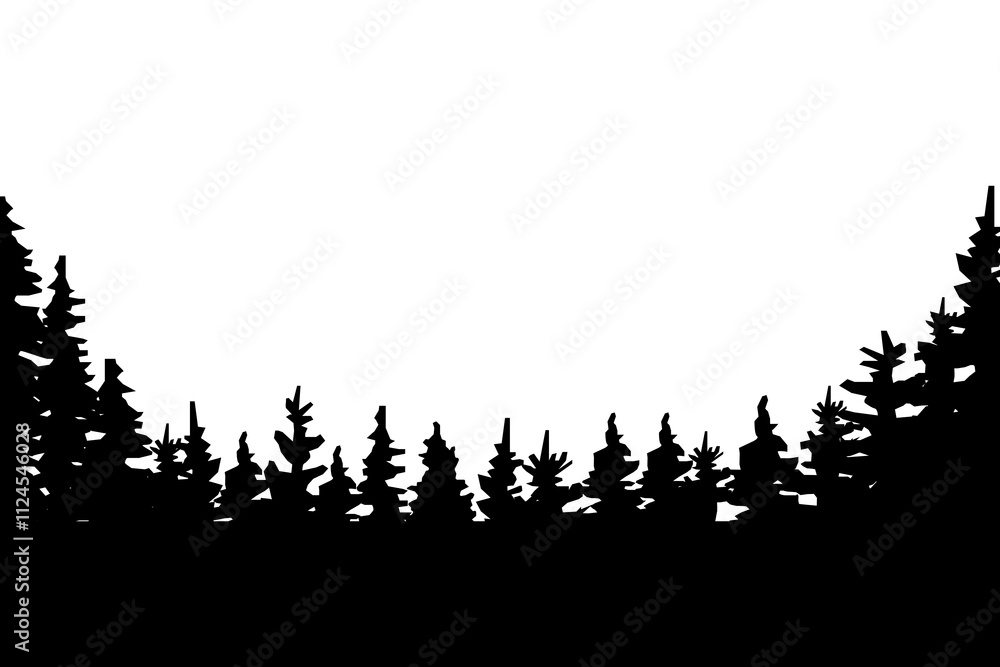 Pine trees horizon. Simple forest silhouette. Nature vector scene. Calm outdoor illustration. Pine trees horizon. Simple forest silhouette. Nature vector scene. Calm outdoor illustration.