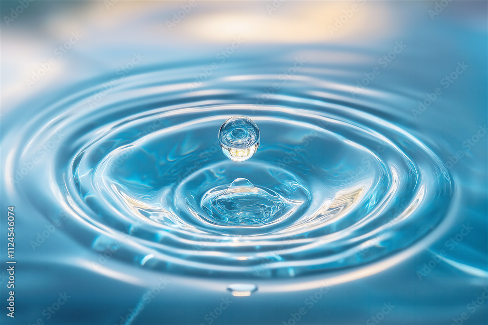 A crystal-clear water droplet creating ripples on a smooth blue surface. Evoking calm, purity, and minimalism. Ideal for wellness or environmental themes. A crystal-clear water droplet creating ripples on a smooth blue surface. Evoking calm, purity, and minimalism. Ideal for wellness or environmental themes.