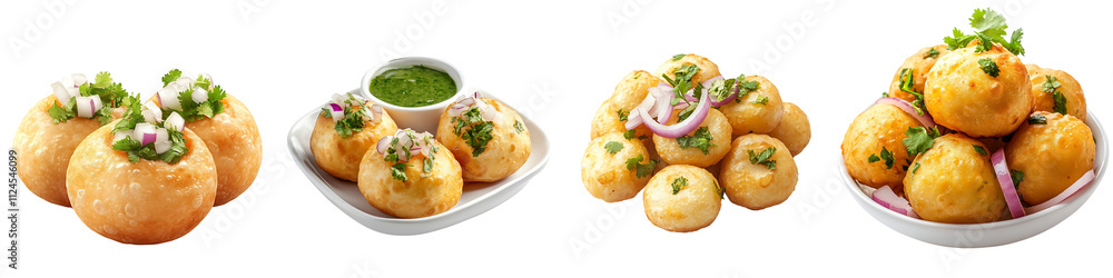 Set of panipuri with onions and coriander leaves, isolated on a transparent background. Set of panipuri with onions and coriander leaves, isolated on a transparent background.