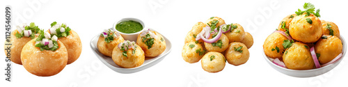 Set of panipuri with onions and coriander leaves, isolated on a transparent background.