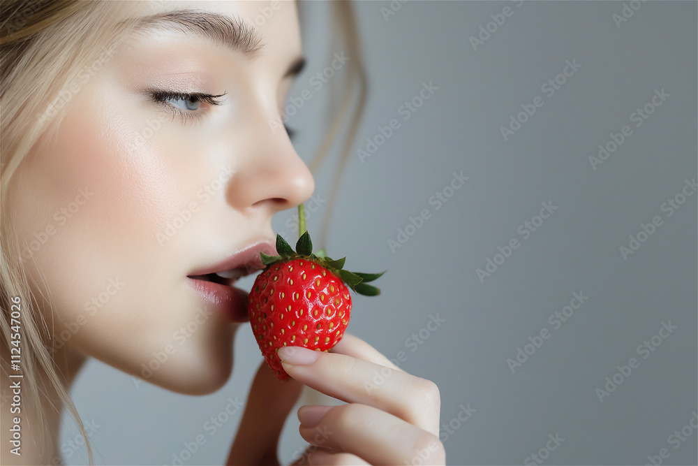 A young woman holding a fresh strawberry close to her lips, capturing a moment of vibrant color and natural beauty. A young woman holding a fresh strawberry close to her lips, capturing a moment of vibrant color and natural beauty.