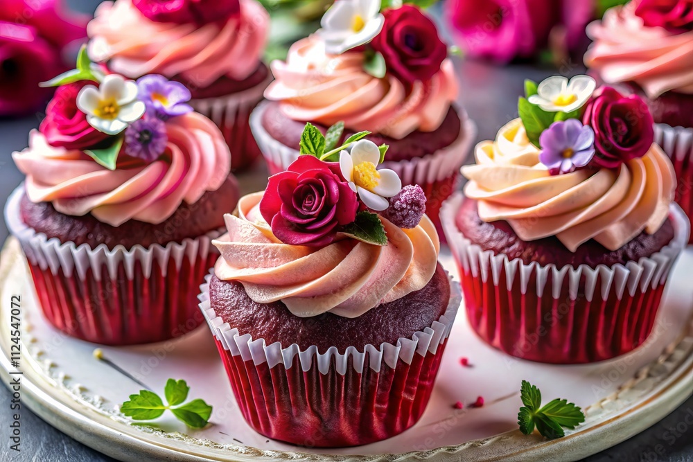 Close-Up of Delicious Red Velvet Cupcakes Decorated with Pink Roses and Edible Flowers, Perfect for Celebrations and Sweet Treats Close-Up of Delicious Red Velvet Cupcakes Decorated with Pink Roses and Edible Flowers, Perfect for Celebrations and Sweet Treats