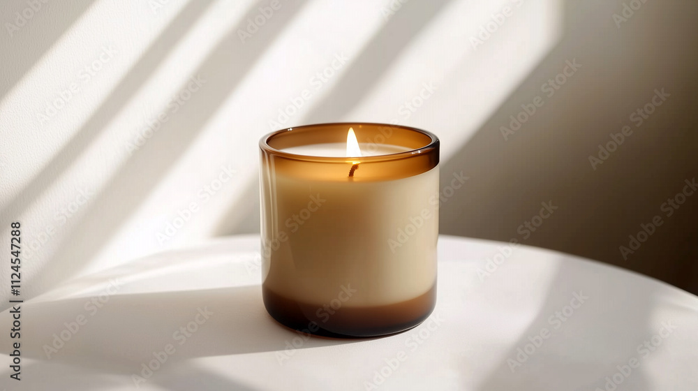 A lonely lit candle in a brown glass form on a light background. A lonely lit candle in a brown glass form on a light background.