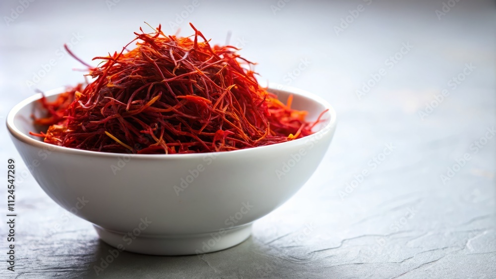 Fototapeta premium Closeup of a White Bowl Filled with Bright Red Saffron Threads on a Crisp White Background Showcasing the Spices' Rich Color, Texture, and Culinary Appeal for Food Photography