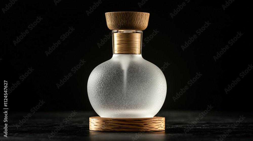 White round matte bottle with a wooden lid and a wooden bottom in the shape of a stand. On a dark background. Place for insertion. White round matte bottle with a wooden lid and a wooden bottom in the shape of a stand. On a dark background. Place for insertion.
