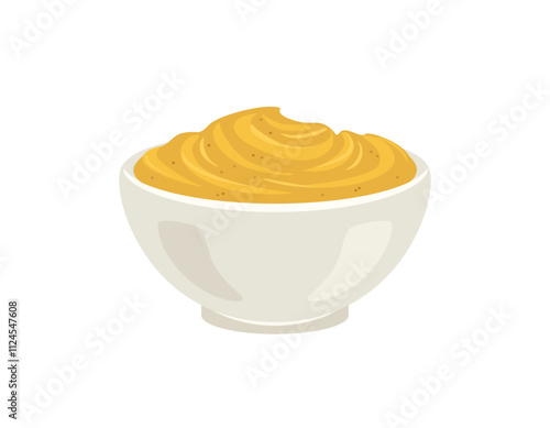 Mustard sauce in bowl isolated on white background. Vector cartoon flat illustration. Food icon