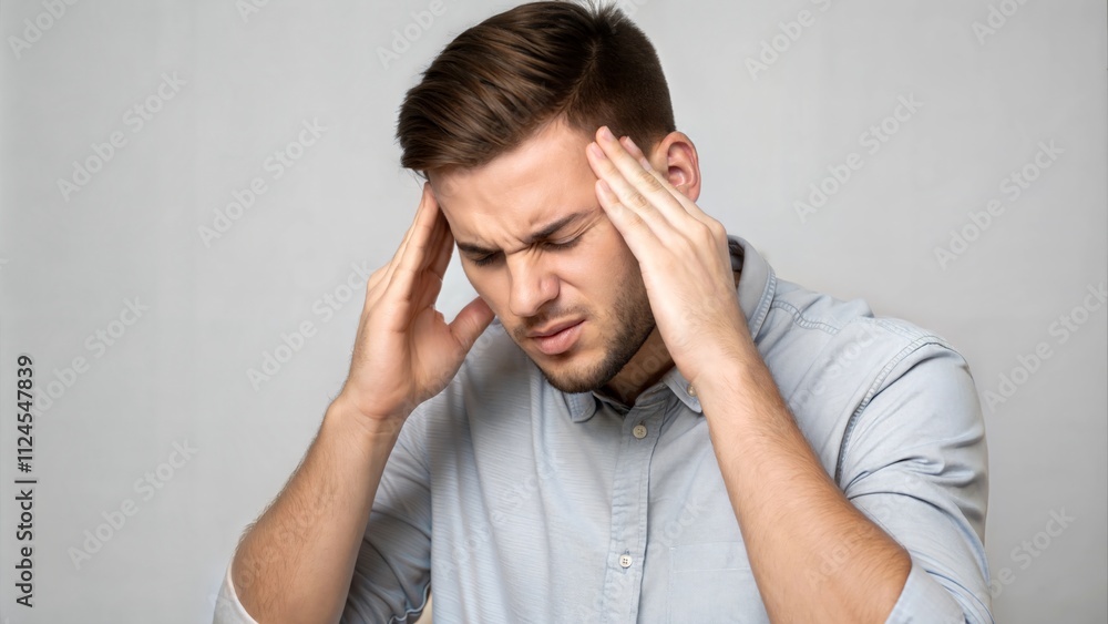 Portrait of young man isolated on gray background, suffering from severe headache, pressing fingers to temples with closed eyes Portrait of young man isolated on gray background, suffering from severe headache, pressing fingers to temples with closed eyes