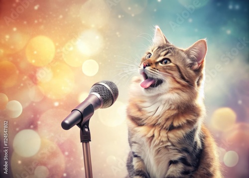 Cute Cat Singer, Pastel Studio, Double Exposure, Microphone, Pet Music, Adorable Kitten, Melodious Feline photo