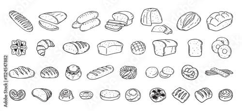 Bread different types hand drawn doodle outline icon set. Bread engraving, line art. Wheat products, baked goods, bakery