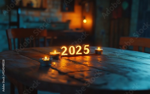 2025 shaped from glowing candles on a cozy wooden table in a dimly lit room photo