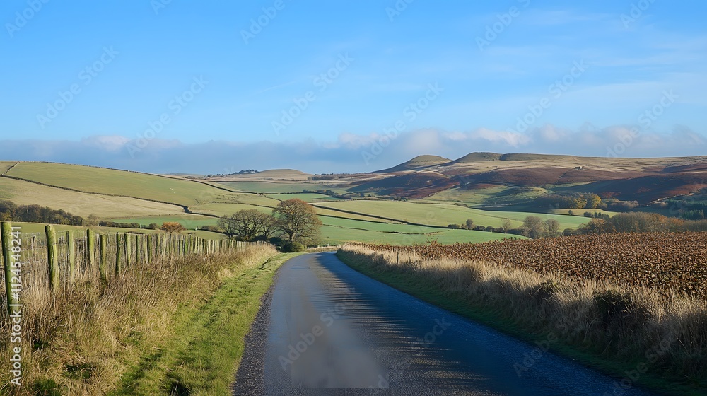 A calm, empty road stretching through the countryside with soft rolling hills in the distance, bright blue sky and lots of space A calm, empty road stretching through the countryside with soft rolling hills in the distance, bright blue sky and lots of space