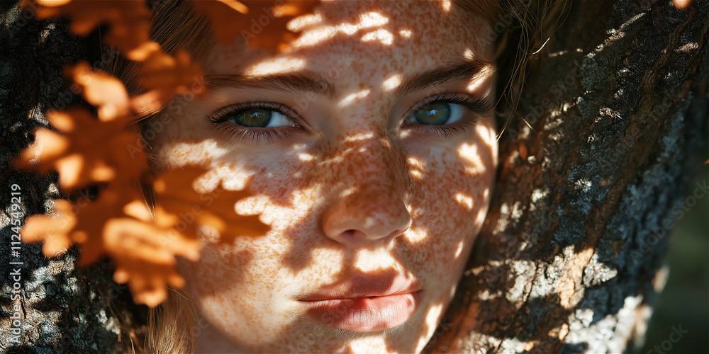 Close-up of a woman’s face partially shadowed by leaves, creating a striking interplay of light and natural textures, emphasizing beauty in nature. Close-up of a woman’s face partially shadowed by leaves, creating a striking interplay of light and natural textures, emphasizing beauty in nature.