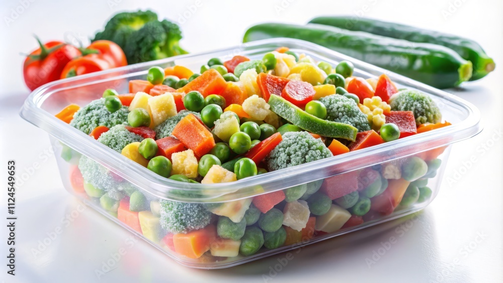 Fresh Frozen Vegetables in a Plastic Container on a Bright White Background for Healthy Meal Prep and Easy Cooking Solutions Fresh Frozen Vegetables in a Plastic Container on a Bright White Background for Healthy Meal Prep and Easy Cooking Solutions