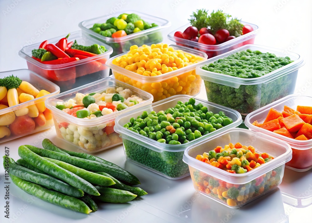 Fresh Frozen Vegetables in Plastic Containers on a Clean White Background for Healthy Meal Prep and Culinary Photography Fresh Frozen Vegetables in Plastic Containers on a Clean White Background for Healthy Meal Prep and Culinary Photography