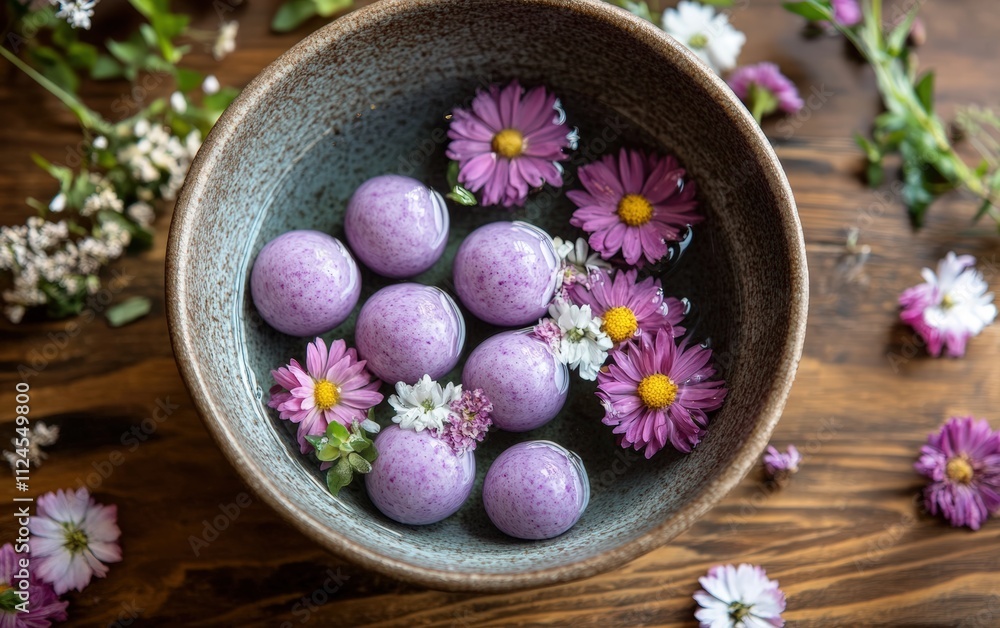 A peaceful spa atmosphere with a bowl of floating flowers and herbal compress balls on a natural wood surface A peaceful spa atmosphere with a bowl of floating flowers and herbal compress balls on a natural wood surface