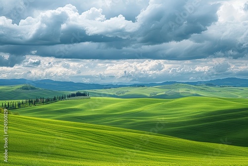 The view features rolling hills covered in lush green grass, beneath a dramatic sky filled with clouds. This serene landscape captures the essence of Tuscany in early spring.