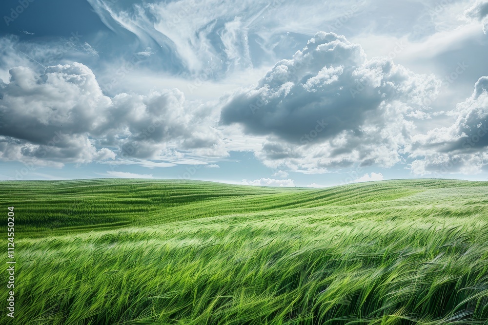 Fototapeta premium Vibrant green fields stretch across rolling hills, gently swaying in the breeze while fluffy clouds drift across a bright blue sky, creating a peaceful countryside atmosphere.