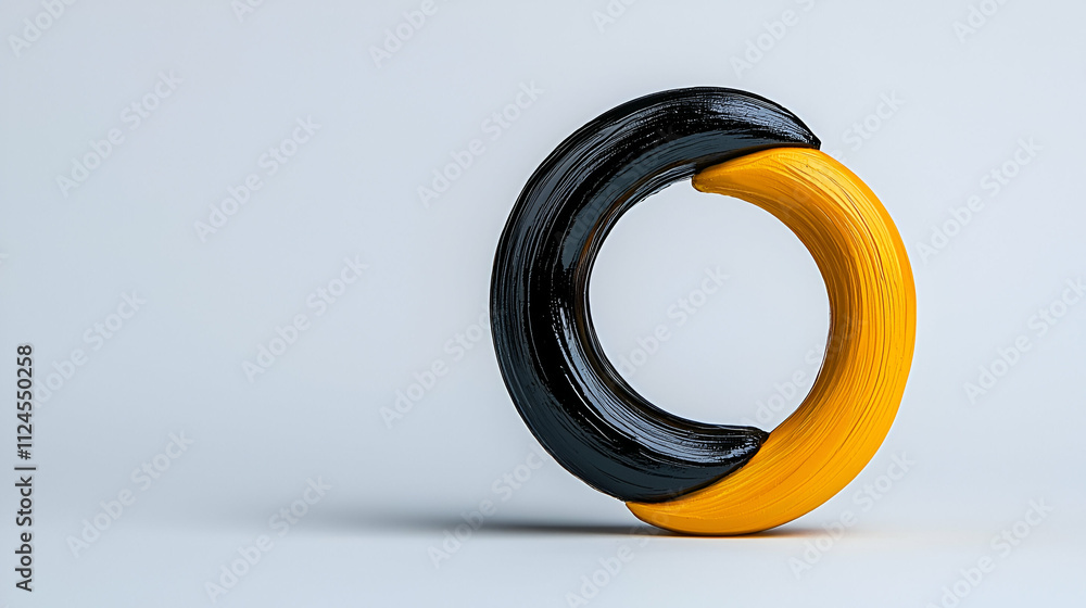 A modern, stylized ring featuring black and yellow segments, set against a light background, emphasizing design and color contrast. A modern, stylized ring featuring black and yellow segments, set against a light background, emphasizing design and color contrast.