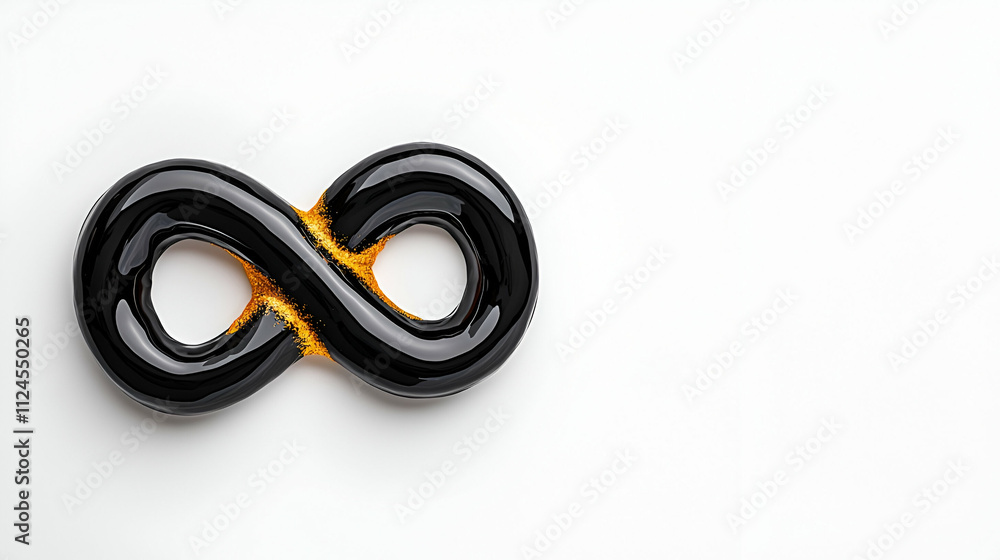 Fototapeta premium Sleek black infinity symbol with a touch of orange, representing endless possibilities and continuity on a clean white background.