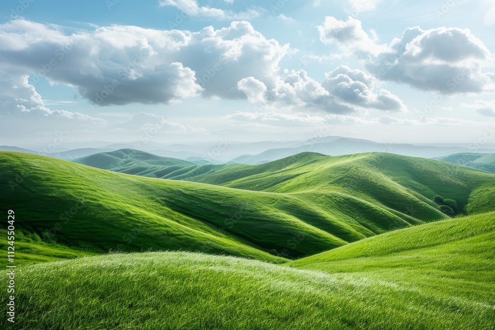 Obraz premium Lush green hills undulate beneath a bright sky dotted with fluffy clouds, showcasing a serene and picturesque natural landscape in the afternoon sunlight.