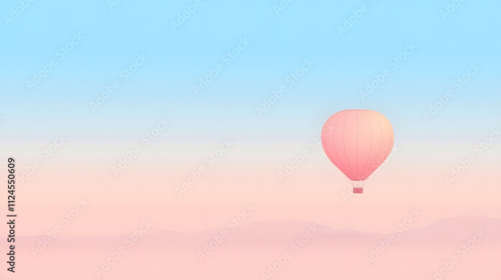 Fototapeta A pastel-colored hot air balloon drifting across a clear blue sky, soft gradient background with plenty of empty space