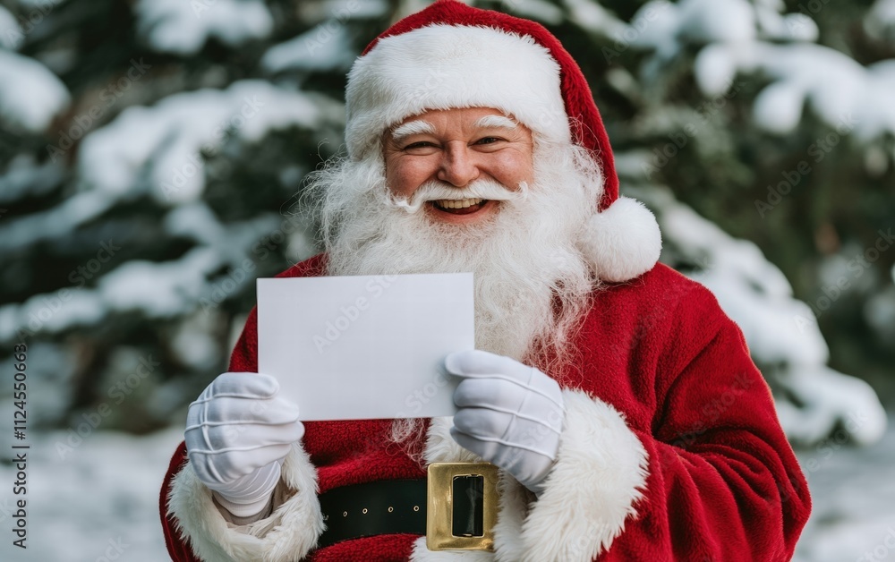 Naklejka premium Smiling Santa with white gloves holding a plain white card on a snowy backdrop
