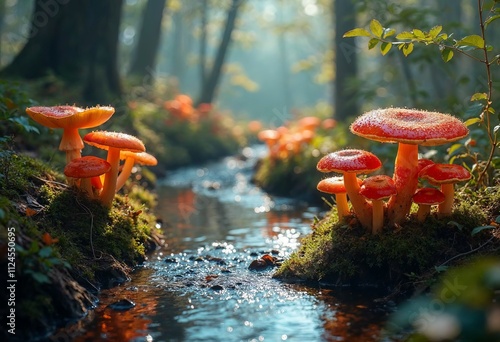 Vibrant Mushrooms Beside a Sparkling Stream photo