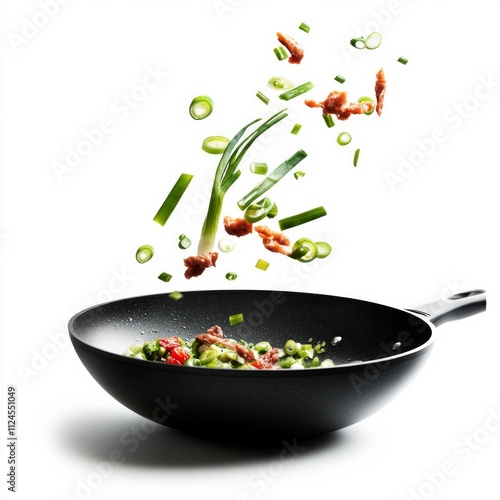 Fresh ingredients falling into black frying pan for stir-fry preparation photo