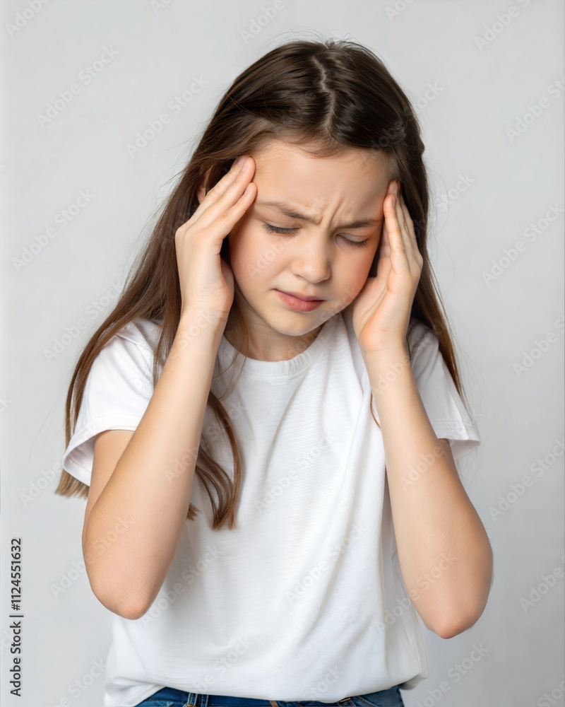 Portrait of girl isolated on gray background, suffering from severe headache, pressing fingers to temples with closed eyes Portrait of girl isolated on gray background, suffering from severe headache, pressing fingers to temples with closed eyes