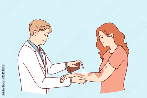 Dermatologist treats eczema on hands of woman suffering from skin disease and pigmentation spots. Man doctor in white coat uses spray for eczema, applied medicinal ointment to body of upset girl