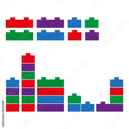 Colorful block shapes. Stacked building elements. Abstract toy blocks. Vector construction icons.