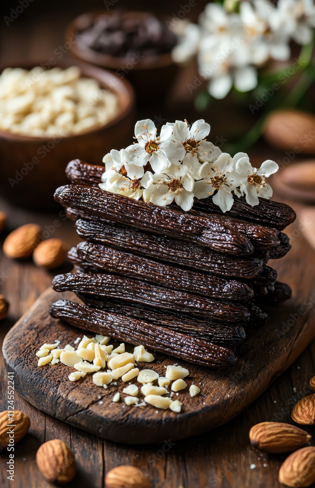 Fototapeta premium A close-up of stacked glossy vanilla beans topped with delicate white flowers, surrounded by almonds and chocolate pieces on a wooden board. 