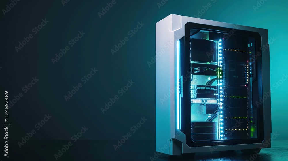 Modern game server rack with blinking lights and cables, symbolizing high-tech infrastructure and online gaming, set against a dark background. Modern game server rack with blinking lights and cables, symbolizing high-tech infrastructure and online gaming, set against a dark background.