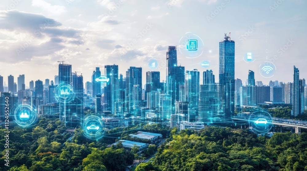 Fototapeta premium Smart City Skyline Featuring Technological Innovation and Green Spaces