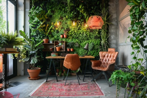 A warm workspace features a wooden desk and comfortable chairs surrounded by an abundance of greenery and stylish decor, creating a calming atmosphere for productivity.