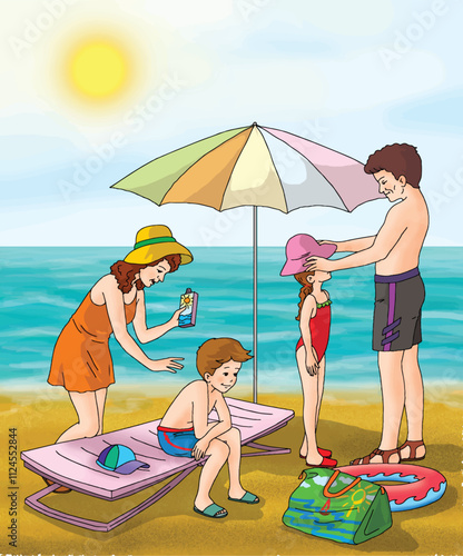 Family applying sunscreen on the beach.
