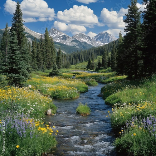 Dense pine forest with alpine meadow with trees and yellow wildflowers and a stream of water photo