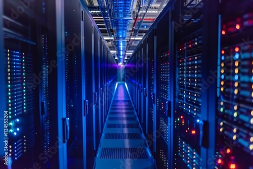 Rows of servers occupy a high-tech data center, with intricate blue lighting creating an innovative atmosphere, showcasing the heart of digital operations.