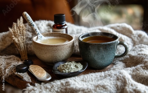 A steaming cup of herbal tea next to a soothing face mask and natural skincare products on a cozy table