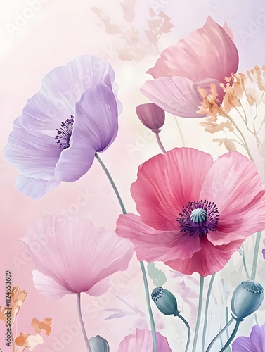 A vibrant illustration of various flowers in soft pastel colors, evoking beauty and tranquility.