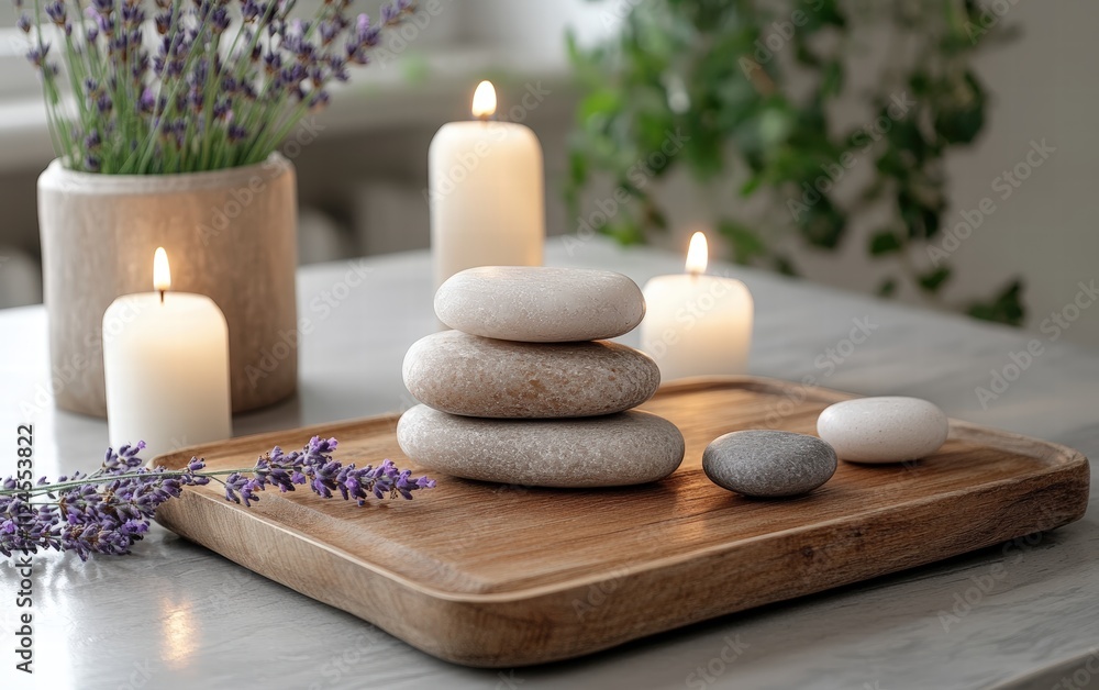 A tranquil spa scene with smooth stones stacked on a wooden tray surrounded by candles and lavender flowers A tranquil spa scene with smooth stones stacked on a wooden tray surrounded by candles and lavender flowers