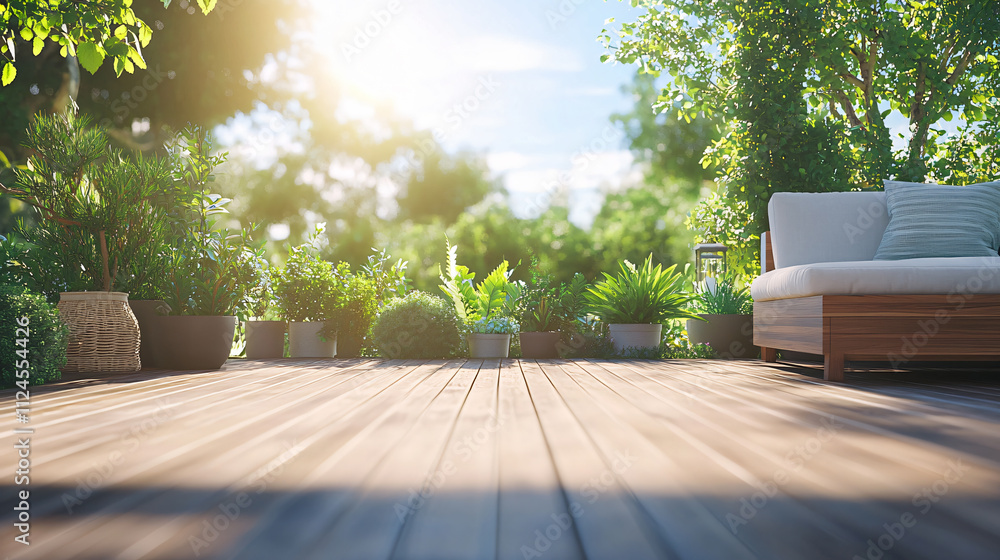 Fototapeta premium A sunlit outdoor patio filled with lush greenery and a comfortable seating area, designed for relaxation and enjoying nature in a tranquil setting.