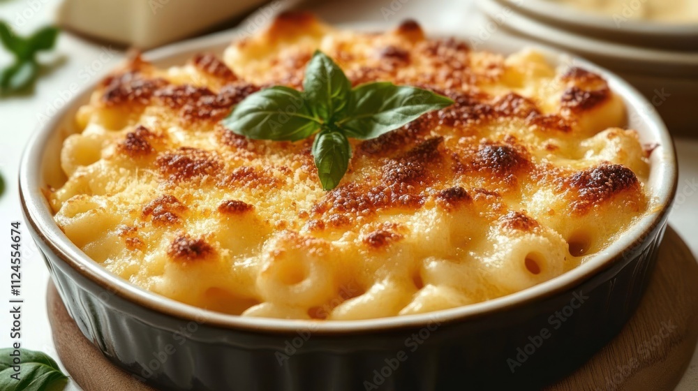 Cheesy Macaroni Bake with Basil in Rustic Kitchen Setting Cheesy Macaroni Bake with Basil in Rustic Kitchen Setting