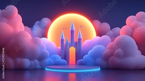 Fairytale Castle in Dreamy Cloudscape Neon Sunset Background