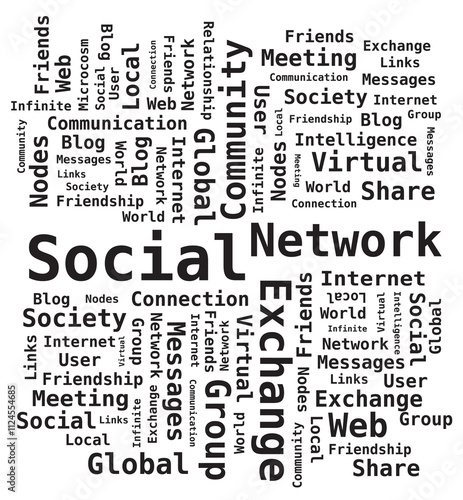 Nuage de Mots Réseau Social en Anglais - Communauté - Internet, Noir et Blanc
