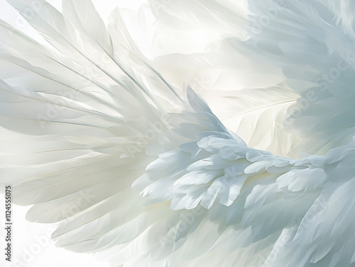 A close-up of ethereal white wings, showcasing delicate feathers with a soft glow, creating a serene and dreamy atmosphere for fantasy art and illustration. photo