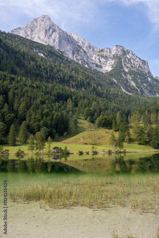 Scenic view of Lake Ferchensee in Mittenwald with Wetterstein mountains in Bavaria, Germany