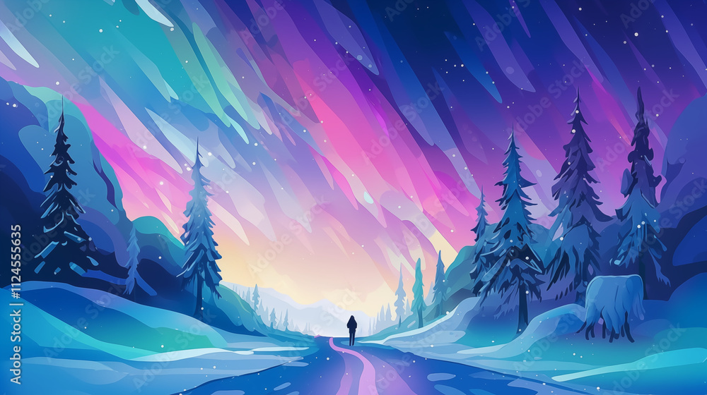 Stunning winter landscape with aurora borealis and figure, vibrant atmosphere, digital art Stunning winter landscape with aurora borealis and figure, vibrant atmosphere, digital art