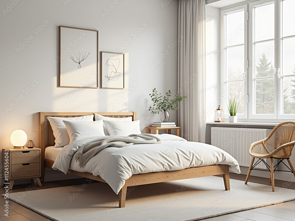 A minimalist bedroom featuring a wooden bed adorned with white linens, natural light filtering through large windows, creating a serene and inviting atmosphere for interior design. A minimalist bedroom featuring a wooden bed adorned with white linens, natural light filtering through large windows, creating a serene and inviting atmosphere for interior design.