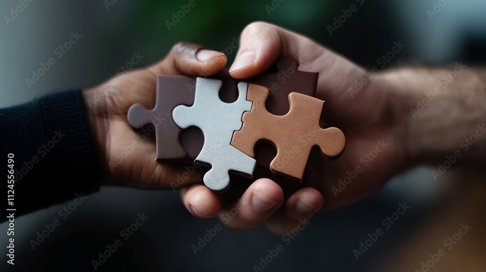 Collaboration: Two Hands Joining Puzzle Pieces, Symbolizing Teamwork, Unity, and Shared Goals Collaboration: Two Hands Joining Puzzle Pieces, Symbolizing Teamwork, Unity, and Shared Goals